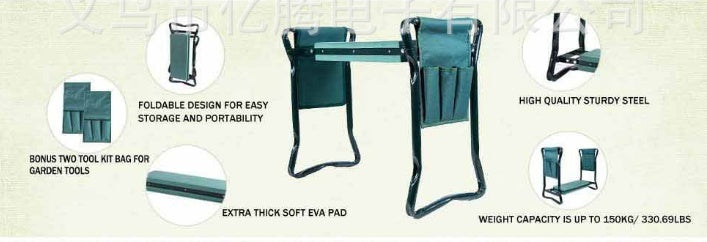 Foldable Outdoor Lawn Bench Chair With Tool Pouch Garden Rest