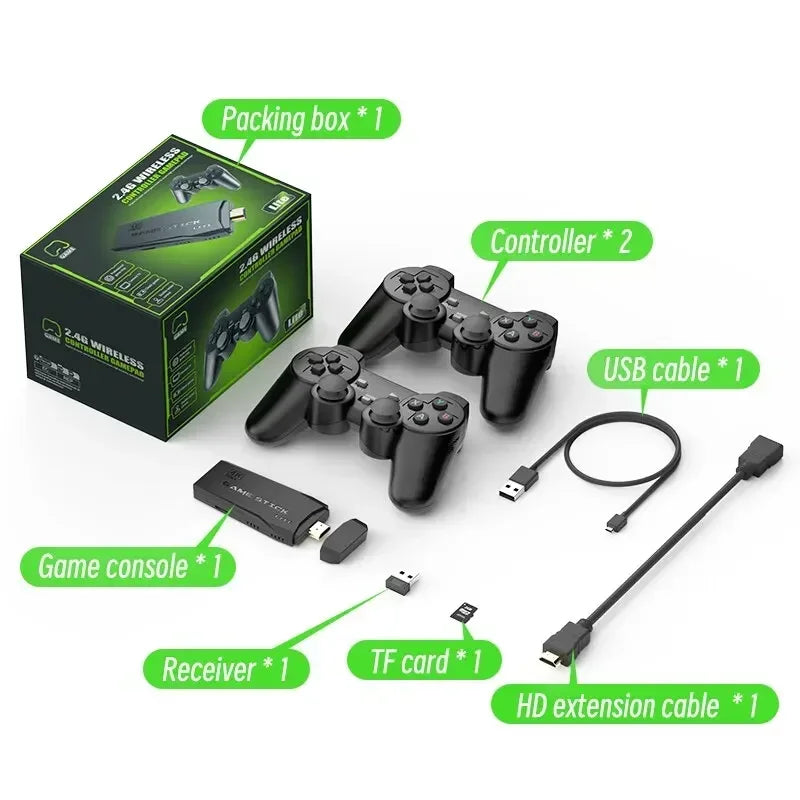 Game Stick 4K Linux OS TV Console de jeux vidéo intégrée 10000+ Jeux Poignée double sans fil 2.4G 64GB Jeux 3D pour PS1 SFC