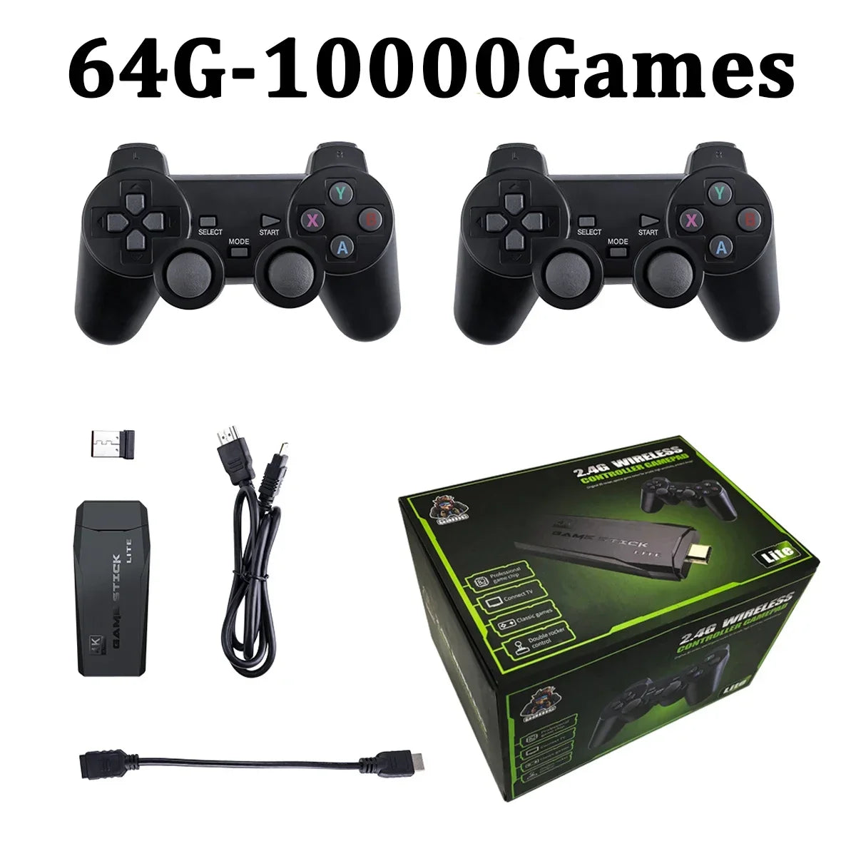 Game Stick 4K Linux OS TV Console de jeux vidéo intégrée 10000+ Jeux Poignée double sans fil 2.4G 64GB Jeux 3D pour PS1 SFC